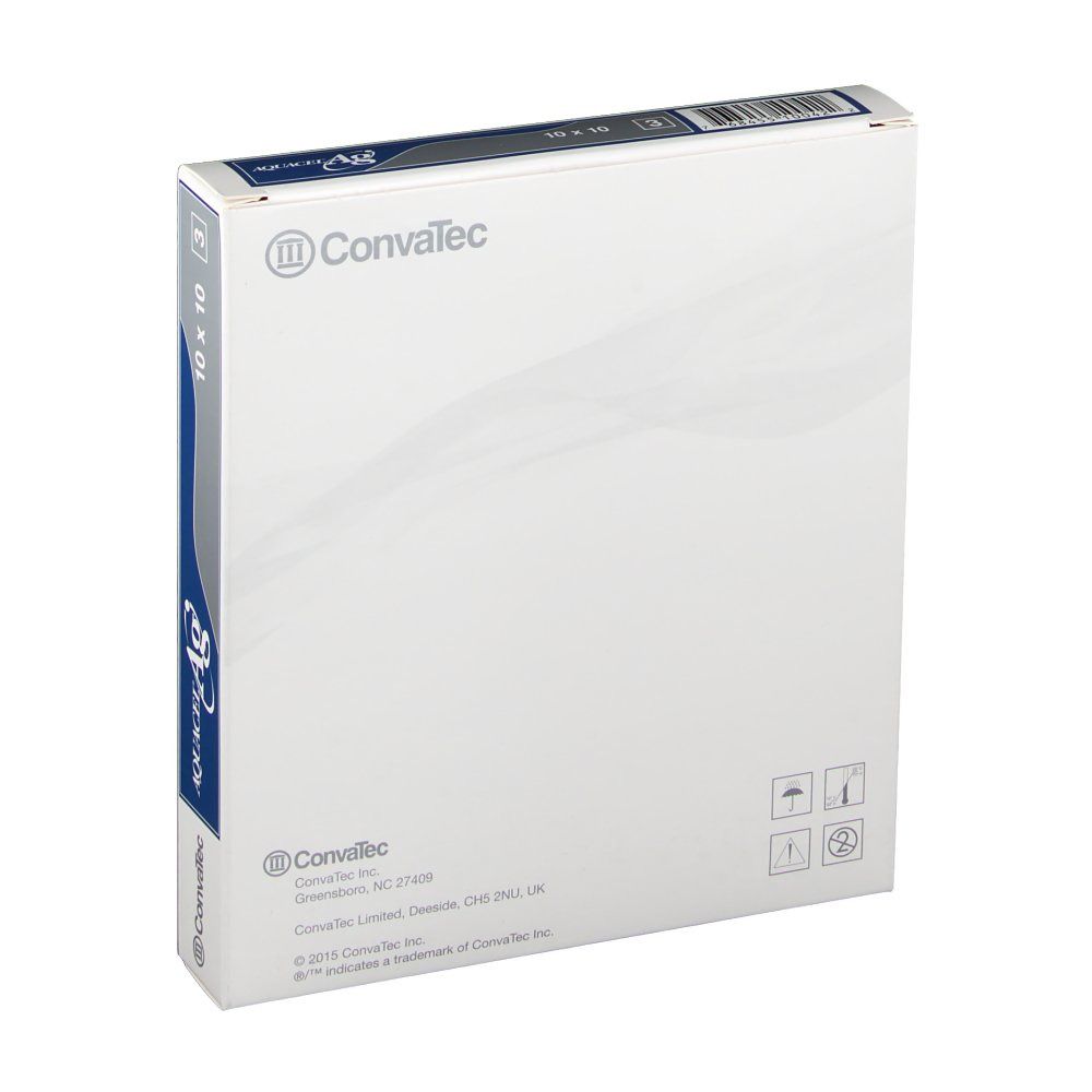 Retro della confezione di medicazioni AQUACEL Ag. Logo Convatec. Informazioni. Simboli.