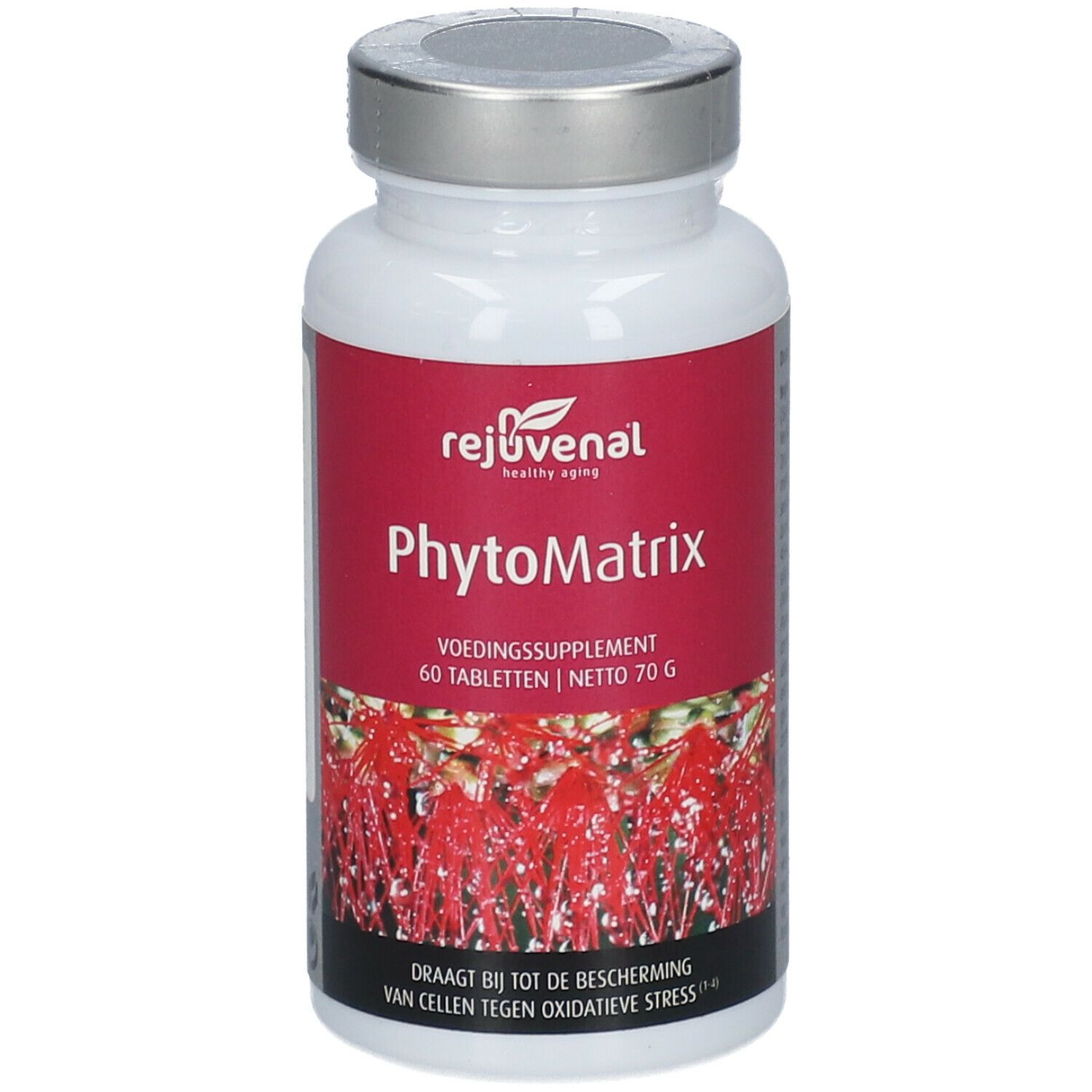 Flacone di compresse bianco con etichetta rossa. Scritta: Phytomatrix, 60 compresse. Coperchio argentato.