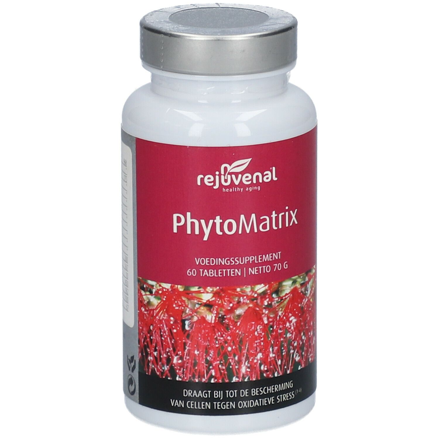 Flacone di compresse bianco con etichetta rossa. Scritta: Phytomatrix, 60 compresse. Coperchio argentato.