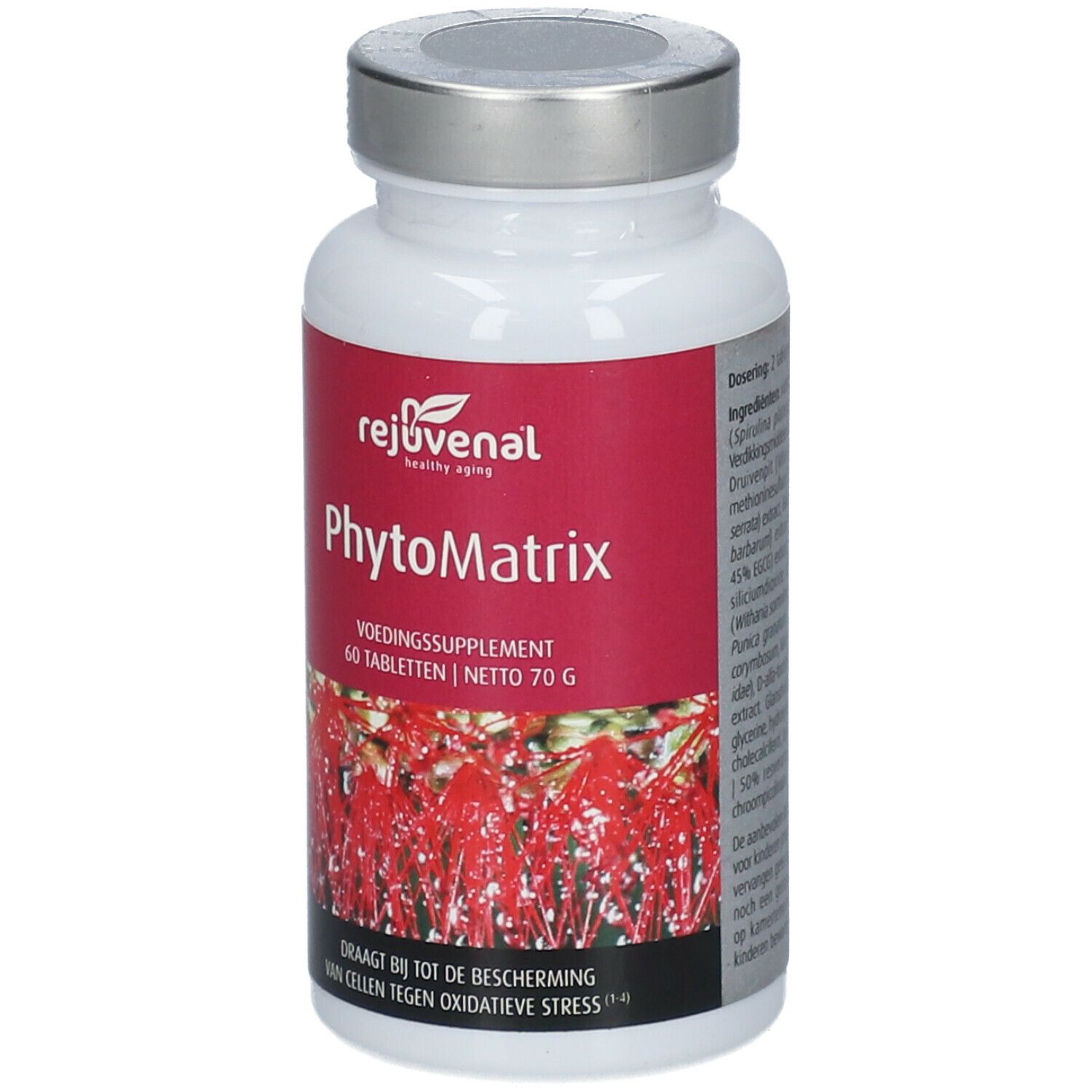 Flacone di compresse bianco con etichetta rossa. Scritta: Phytomatrix, 60 compresse. Coperchio argentato.
