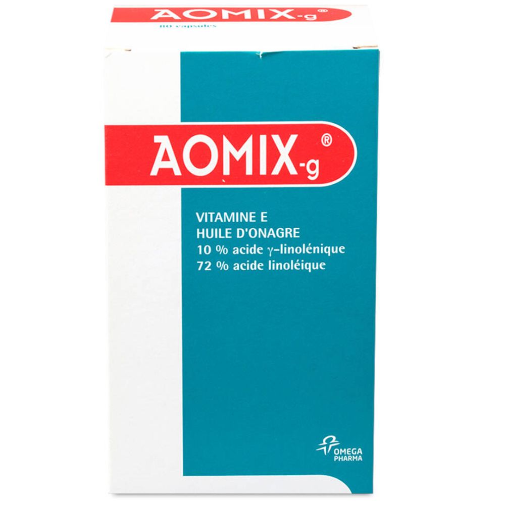 Confezione di Aomix-g. Scatola bianca e rossa con nome del prodotto e dettagli. Logo Omega Pharma.