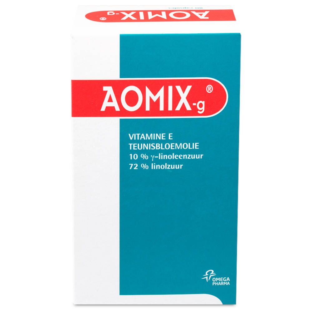 Confezione di Aomix-g. Scatola bianca e rossa con nome del prodotto e dettagli. Logo Omega Pharma.