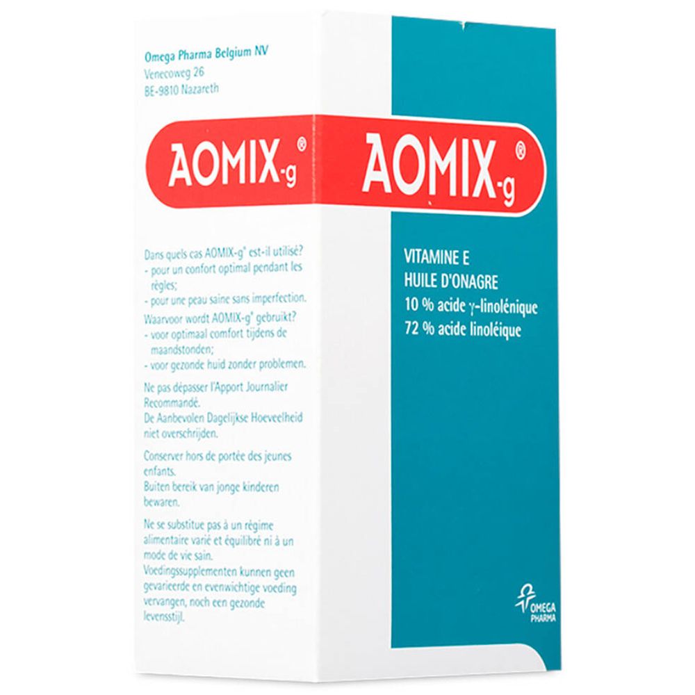 Confezione di Aomix-g. Scatola con nome del prodotto, dettagli e testo. Logo Omega Pharma. Retro con testo.