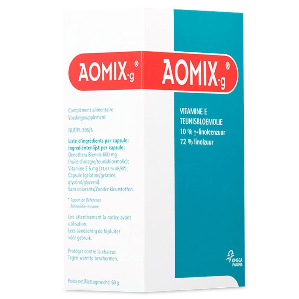 Confezione di Aomix-g. Scatola con nome del prodotto, dettagli e testo. Logo Omega Pharma. Contiene capsule.