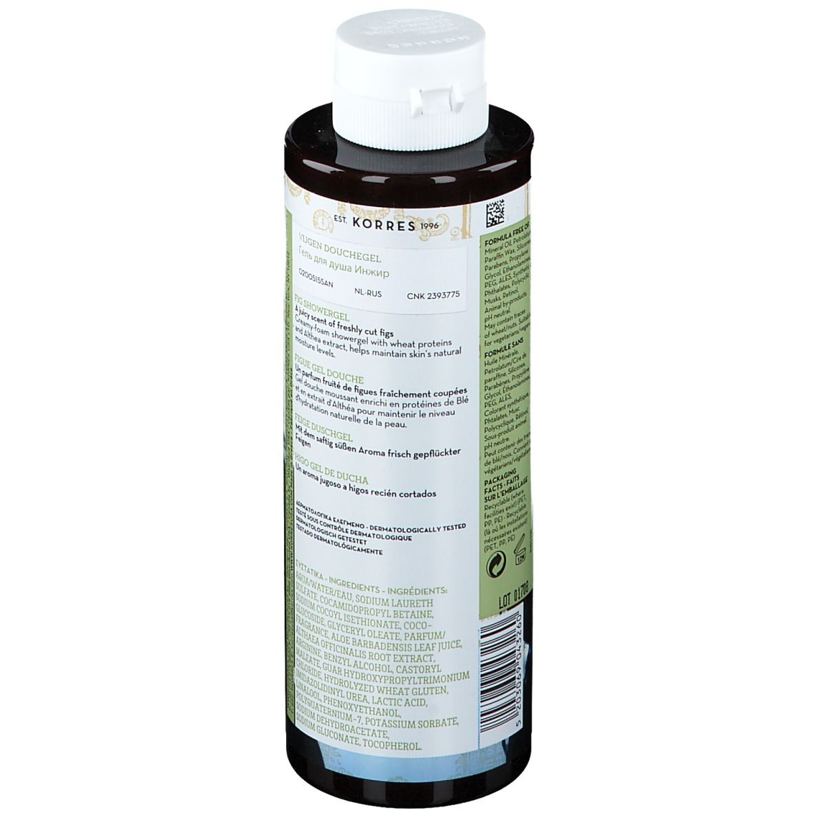 Korres Gel Douche Figues. Bottiglia marrone con tappo bianco. Etichetta con testo ed elementi verdi.