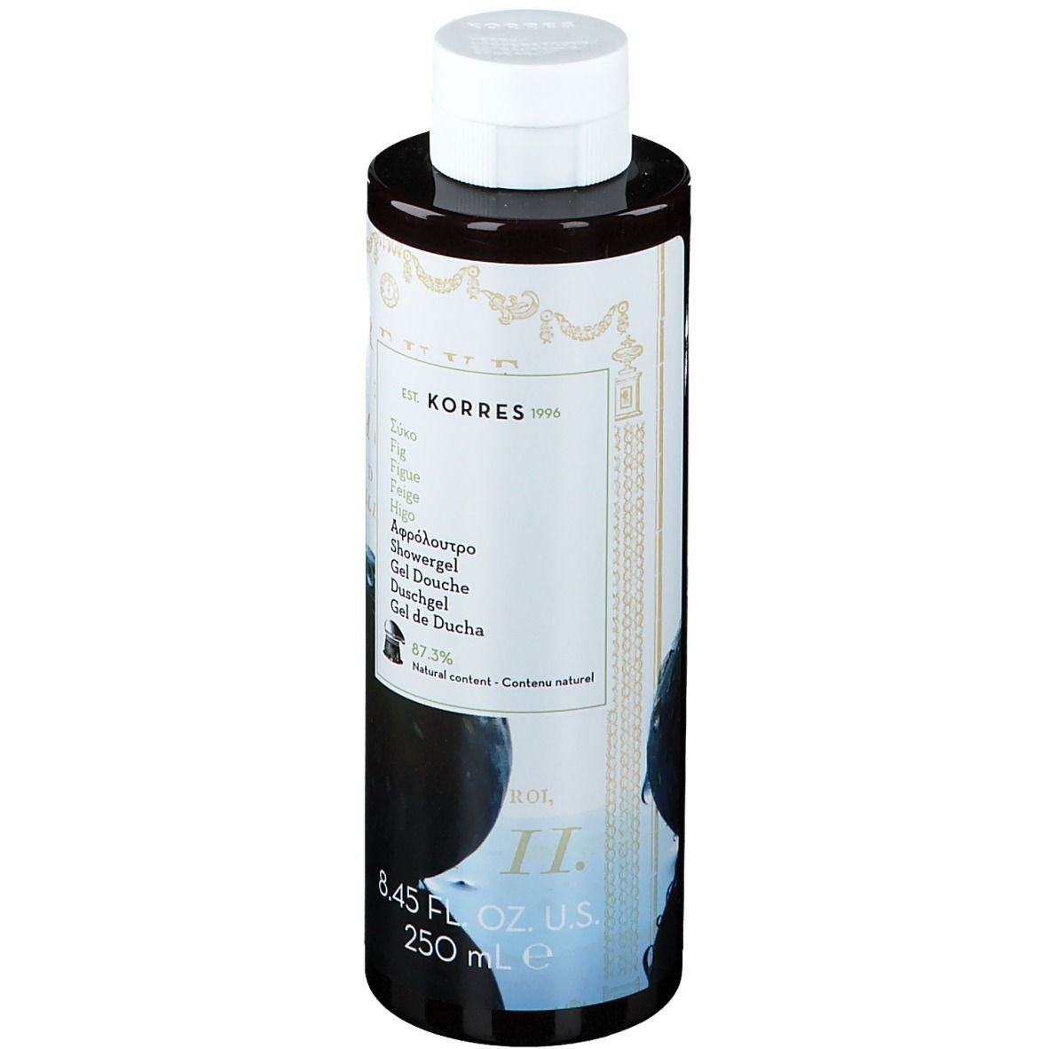 Korres Gel Douche Figues. Bottiglia marrone con tappo bianco. Etichetta con testo e illustrazioni di fichi.