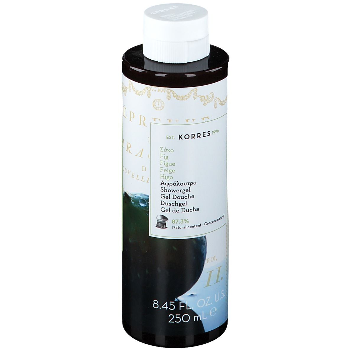 Korres Gel Douche Figues. Bottiglia marrone con tappo bianco. Etichetta con testo e illustrazioni di fichi.