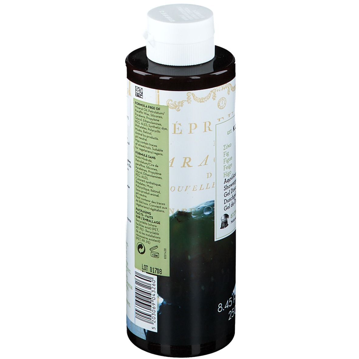 Korres Gel Douche Figues. Bottiglia marrone con tappo bianco. Etichetta con testo ed elementi verdi.