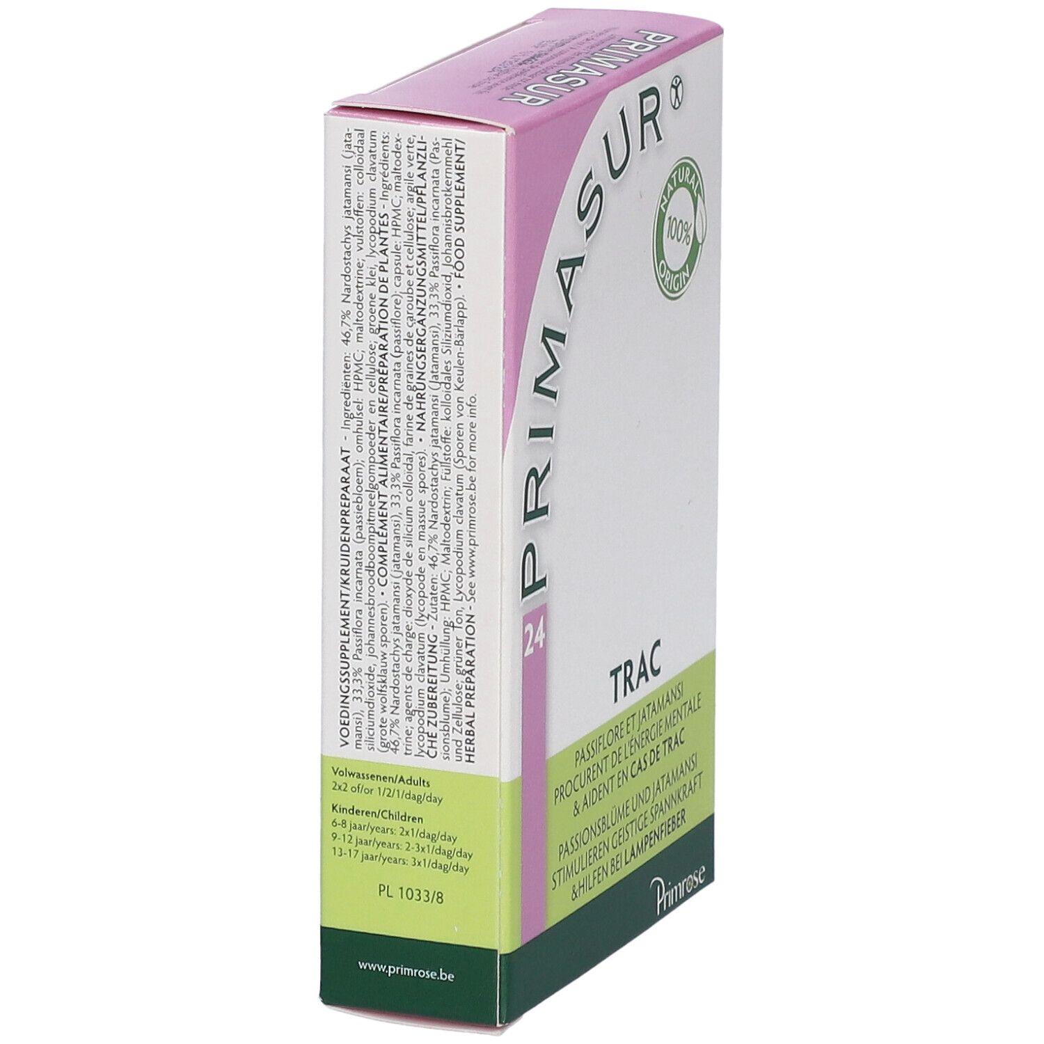 Scatola di Primrose Primasur. Scritta: TRAC, 24. Logo e sigillo 'Natural 100% Origin'.