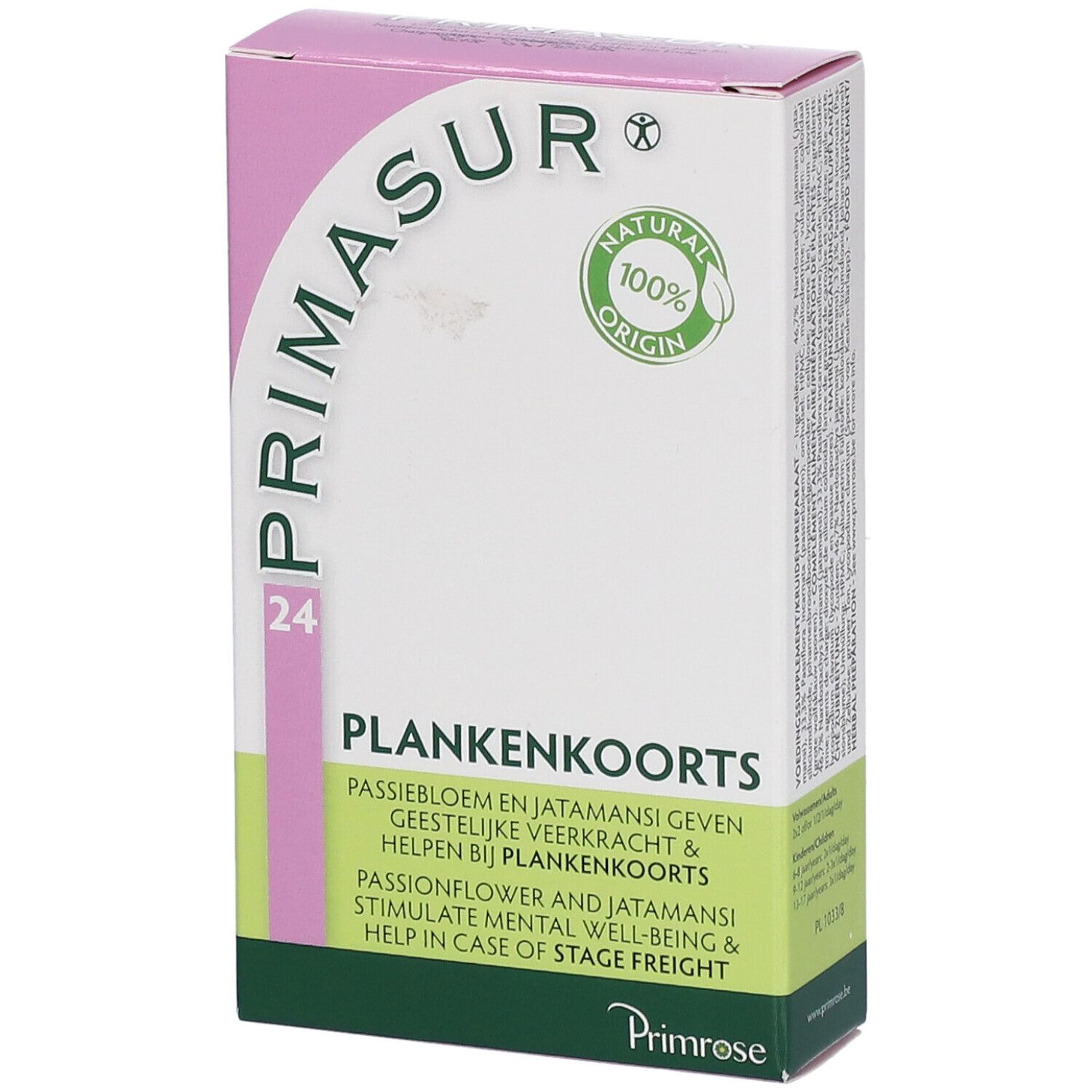 Scatola di Primrose Primasur. Scritta: PLANKENKOORTS, 24. Logo e sigillo 'Natural 100% Origin'.