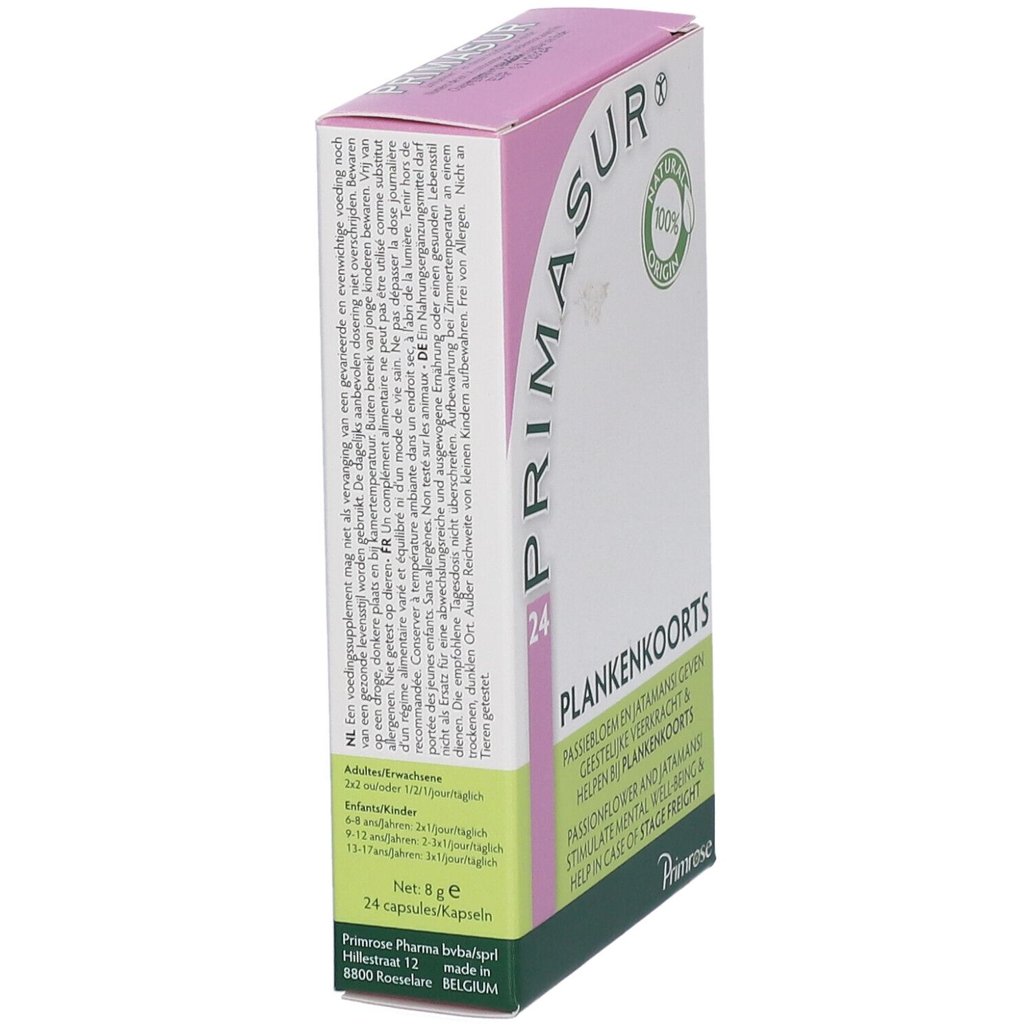 Scatola di Primrose Primasur. Scritta: PLANKENKOORTS, 24. Logo e sigillo 'Natural 100% Origin'.