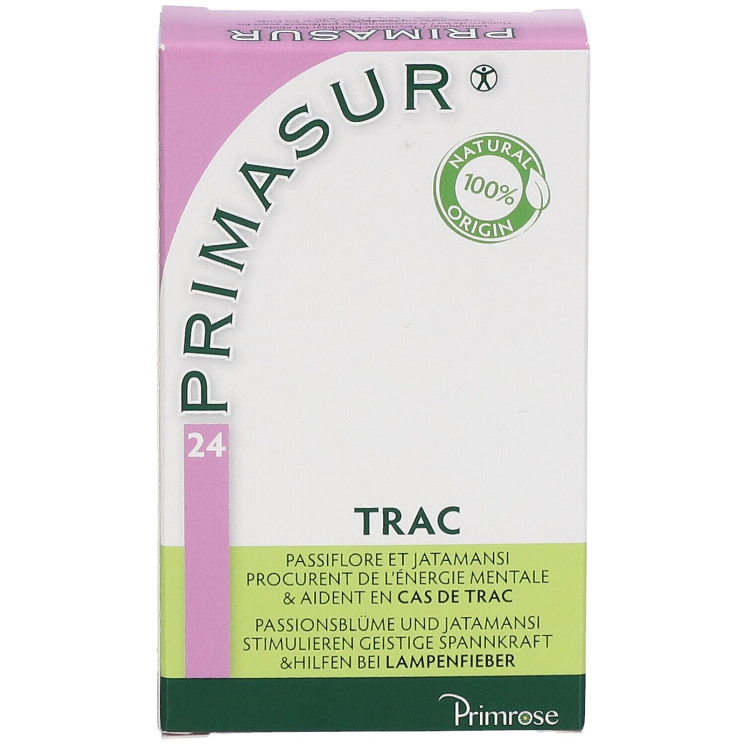 Scatola di Primrose Primasur. Scritta: TRAC, 24. Logo e sigillo 'Natural 100% Origin'.