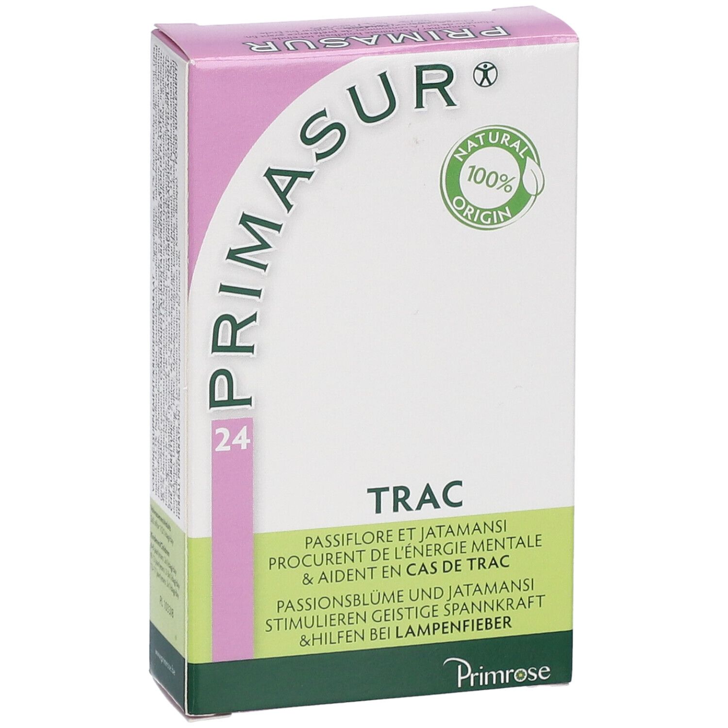 Scatola di Primrose Primasur. Scritta: TRAC, 24. Logo e sigillo 'Natural 100% Origin'.