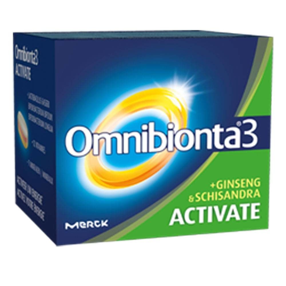 Confezione Omnibionta3 Activate. Scatola blu con cerchio giallo. Testo: +Ginseng & Schisandra, Activate. Logo Merck.