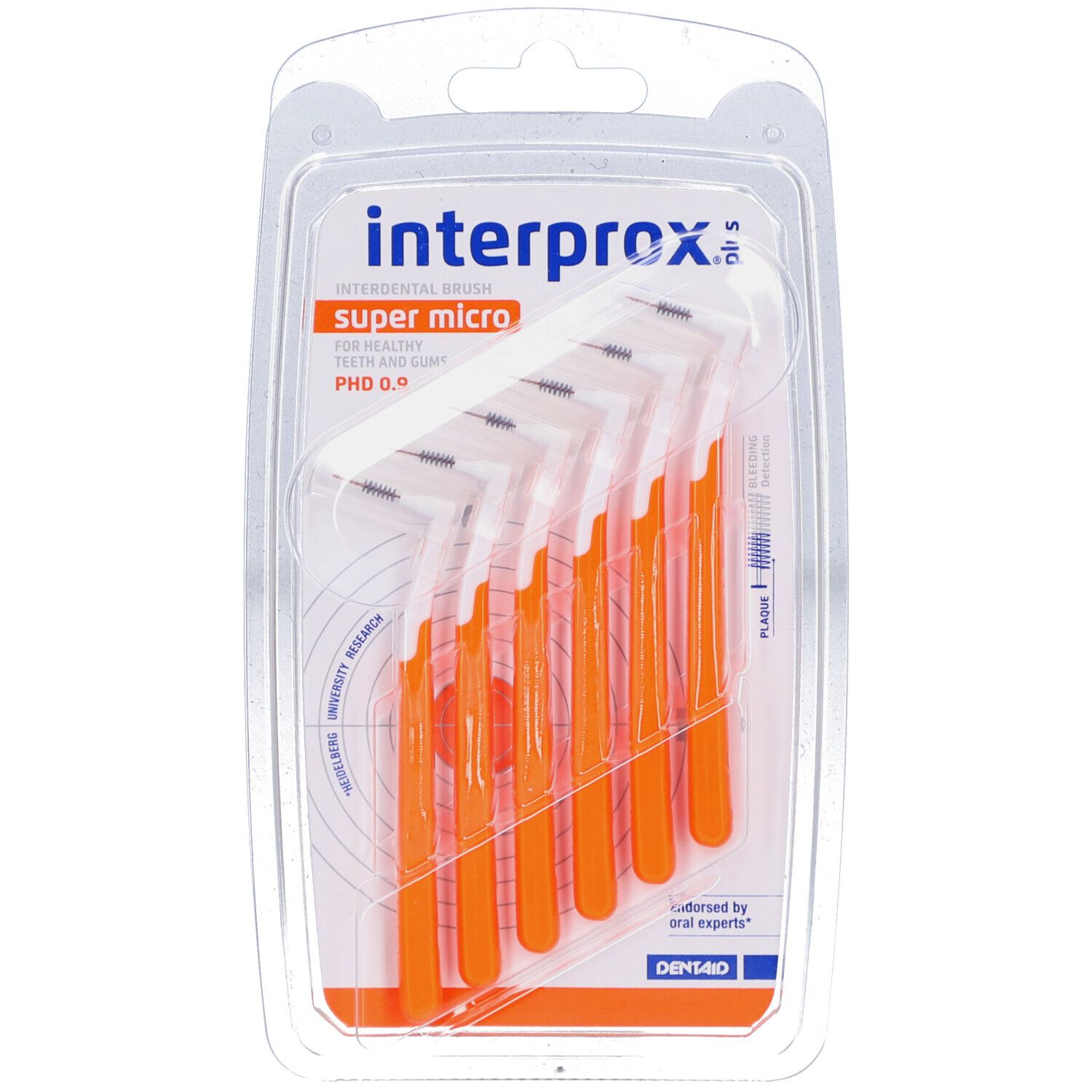 Confezione di scovolini arancioni. Marchio Interprox, Super Micro, PHD 0.9. Confezione in plastica.