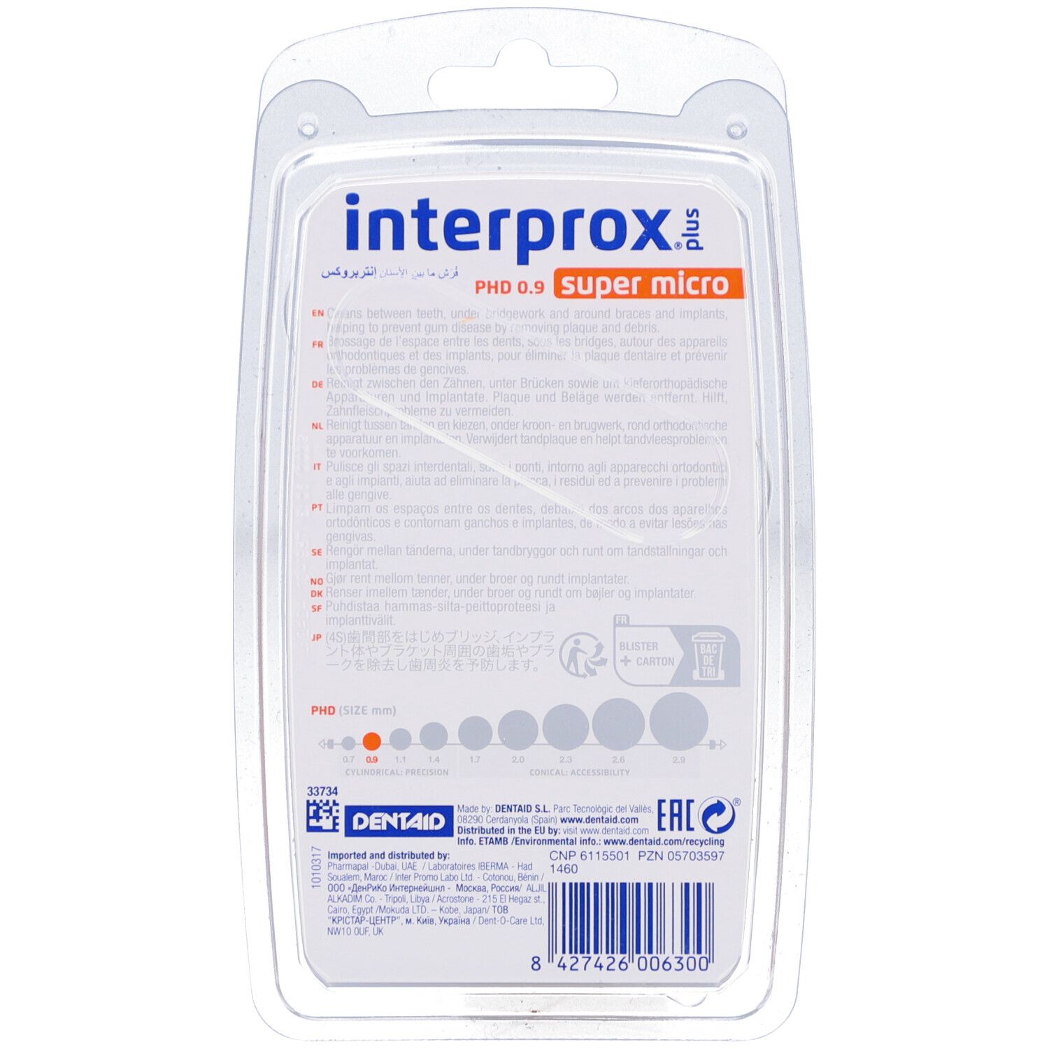 Retro della confezione con informazioni sul prodotto. Marchio Interprox, Super Micro, PHD 0.9. Testo multilingue.