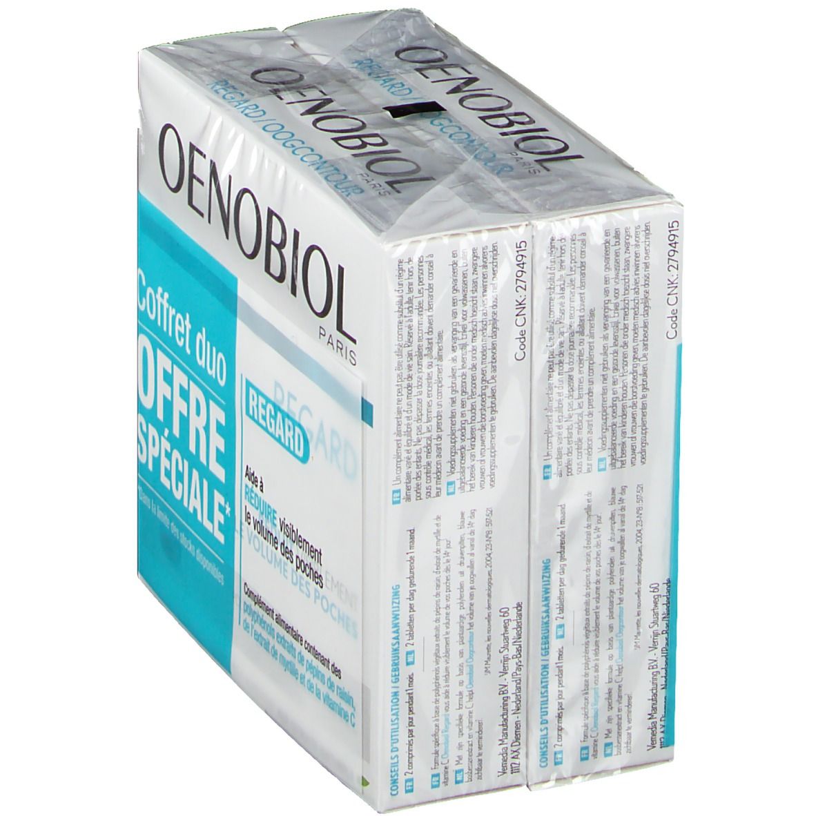 Oenobiol Regard Duopack. Vista obliqua della confezione. Informazioni sul prodotto e scritta "Regard" visibili.