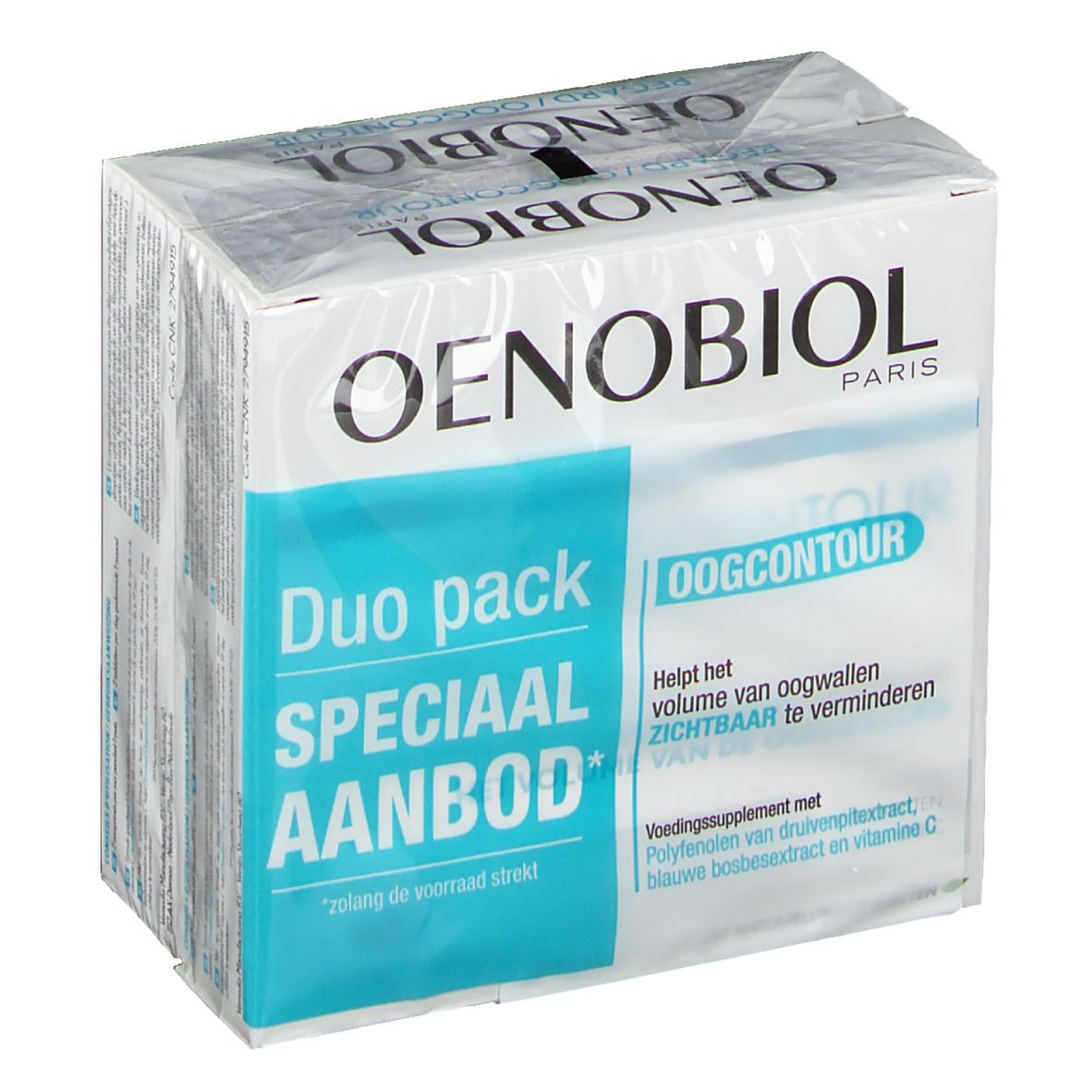 Oenobiol Oogcontour Duopack. Confezione con informazioni sul prodotto. Scritta "Duo pack Speciaal Aanbod" e "Oogcontour".