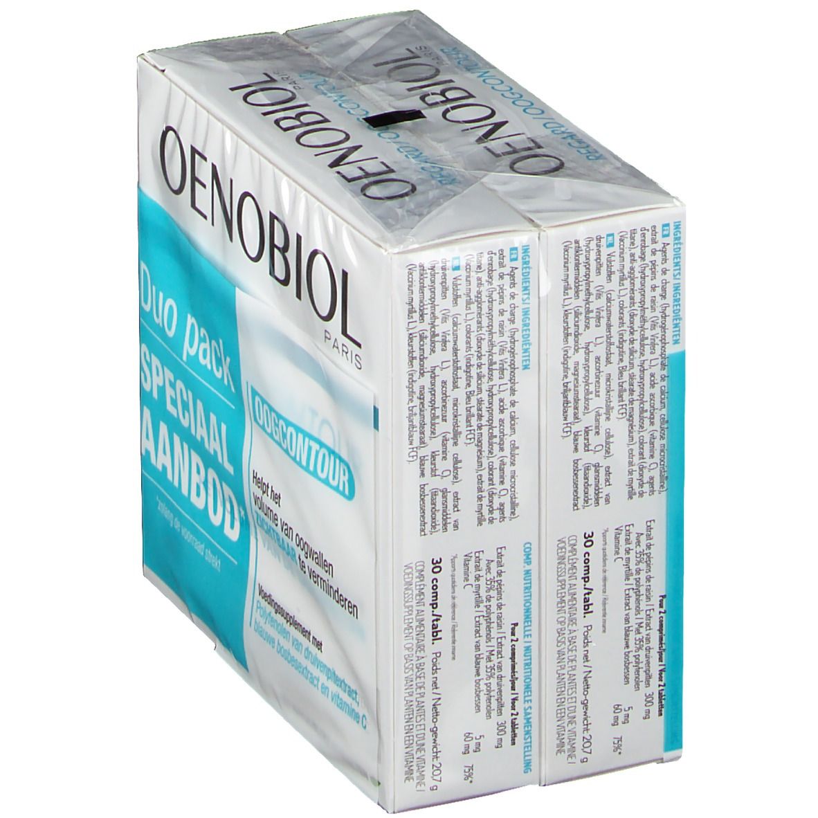 Oenobiol Oogcontour Duopack. Vista obliqua della confezione. Informazioni sul prodotto e scritta "Oogcontour" visibili.