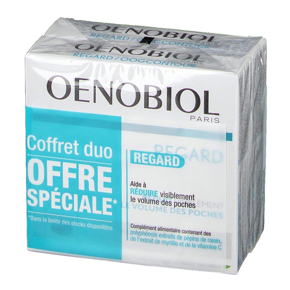 Oenobiol Regard Duopack. Confezione con informazioni sul prodotto. Scritta "Coffret duo Offre Spéciale" e "Regard".