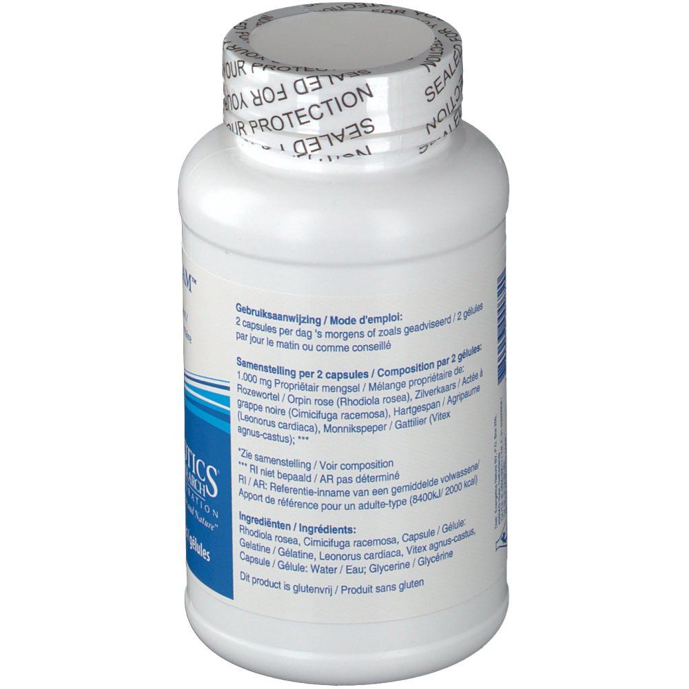 Retro del flacone bianco di capsule. Testo: Istruzioni per l'uso, ingredienti, Biotics Research Corporation. Sigillo: Sealed for your protection.