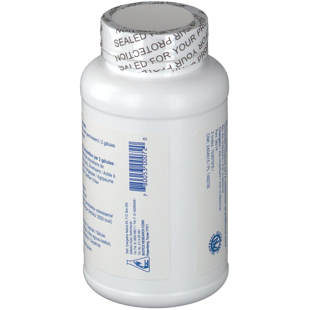 Retro del flacone bianco di capsule. Testo: Istruzioni per l'uso, ingredienti, codice a barre. Sigillo: Sealed for your protection.