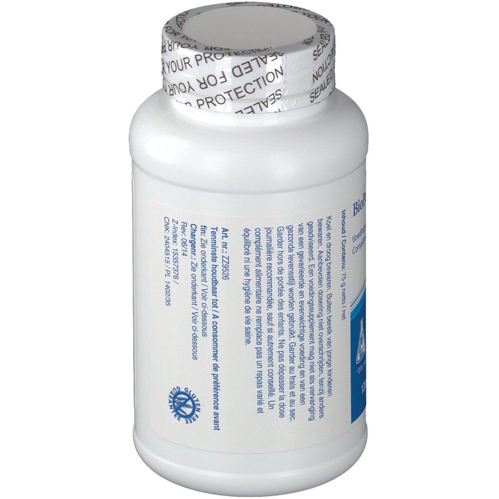 Flacone bianco di capsule. Testo: Data di scadenza, numero di lotto. Sigillo: Sealed for your protection.