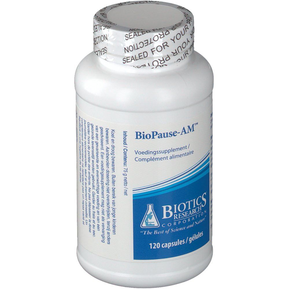 Flacone bianco di capsule. Scritta: BioPause-AM, Biotics Research Corporation, 120 capsule. Sigillo: Sealed for your protection.