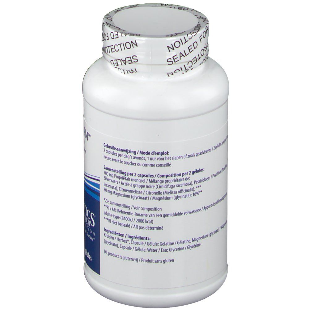 Retro del flacone bianco. Testo con ingredienti e istruzioni per l'uso. Logo "Biotics Research".