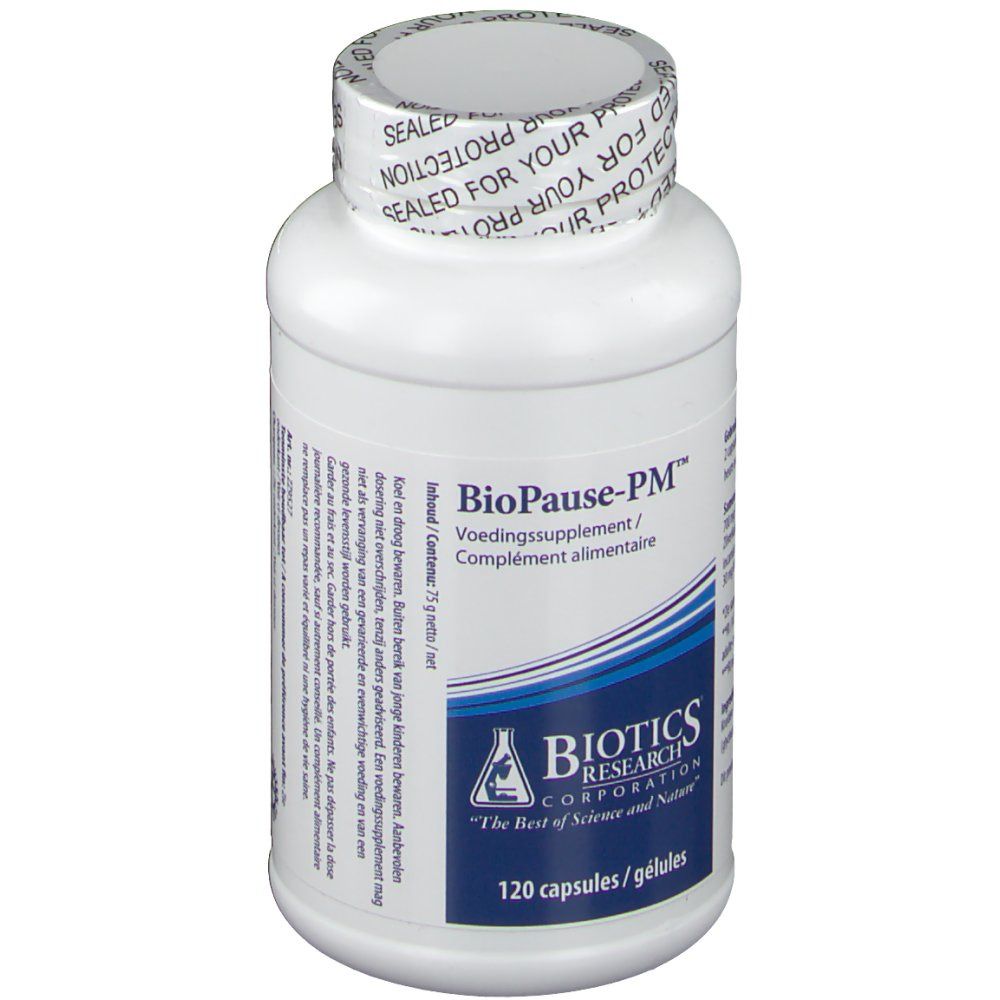 Flacone bianco con "BioPause-PM" e "Biotics Research". 120 capsule. Sigillo sul tappo.
