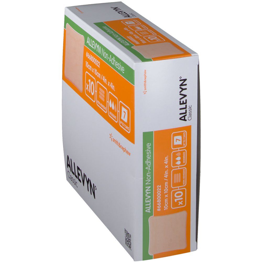 Confezione angolata di Allevyn Non-Adhesive. Mostra una medicazione quadrata, 10 x 10 cm, confezione da 10. Marchio Smith & Nephew.