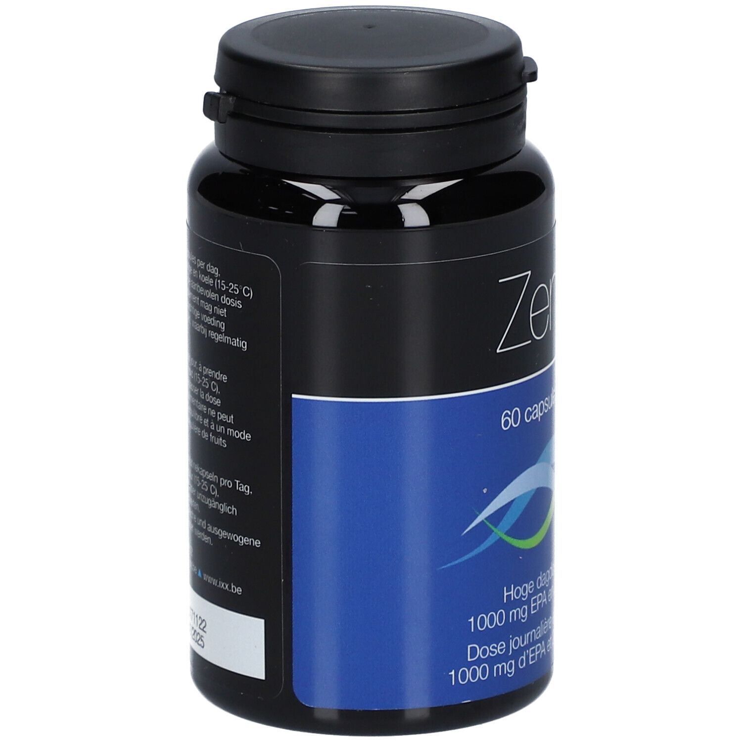 Flacone nero ZenixX 500, 60 capsule. Area blu con testo: Omega-3, EPA e DHA. Tappo nero.