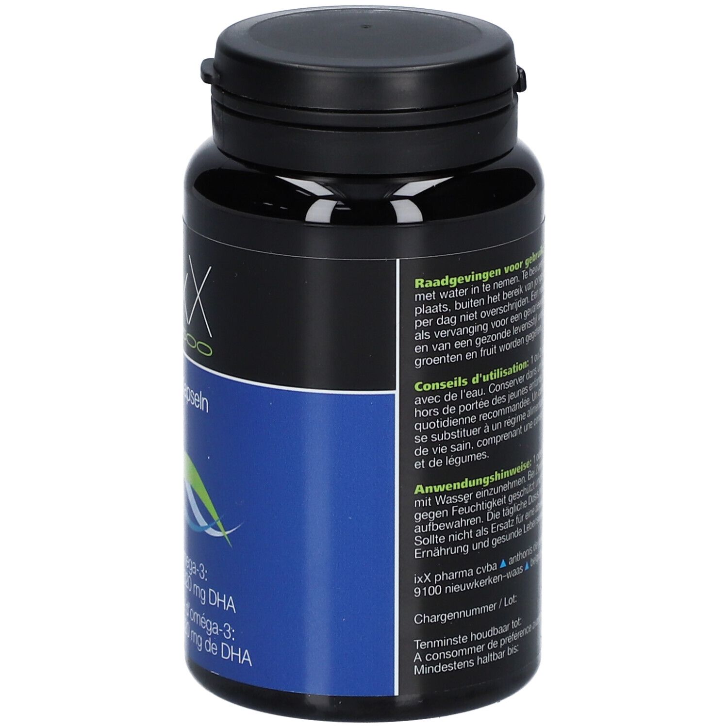 Flacone nero con capsule. Scritta: ZenixX 500. Testo: Omega-3, EPA e DHA. Area blu.