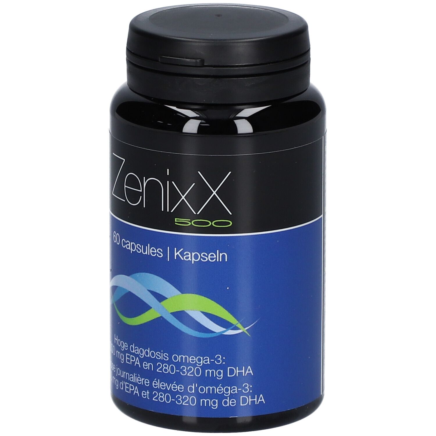 Flacone nero ZenixX 500, 60 capsule. Onde blu. Testo: Omega-3, EPA e DHA. Informazioni nutrizionali.