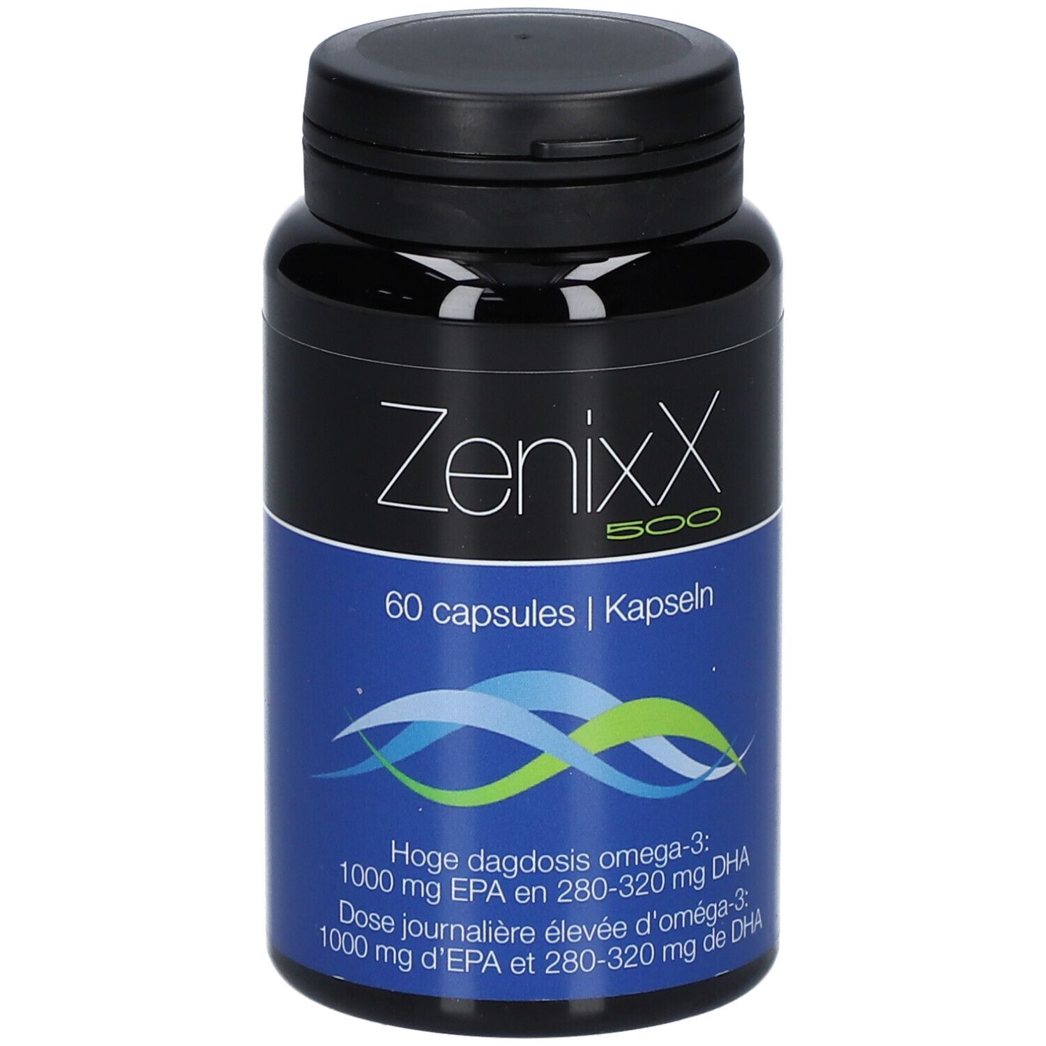 Flacone nero ZenixX 500, 60 capsule. Onde blu. Testo: Omega-3, EPA e DHA. Informazioni nutrizionali.