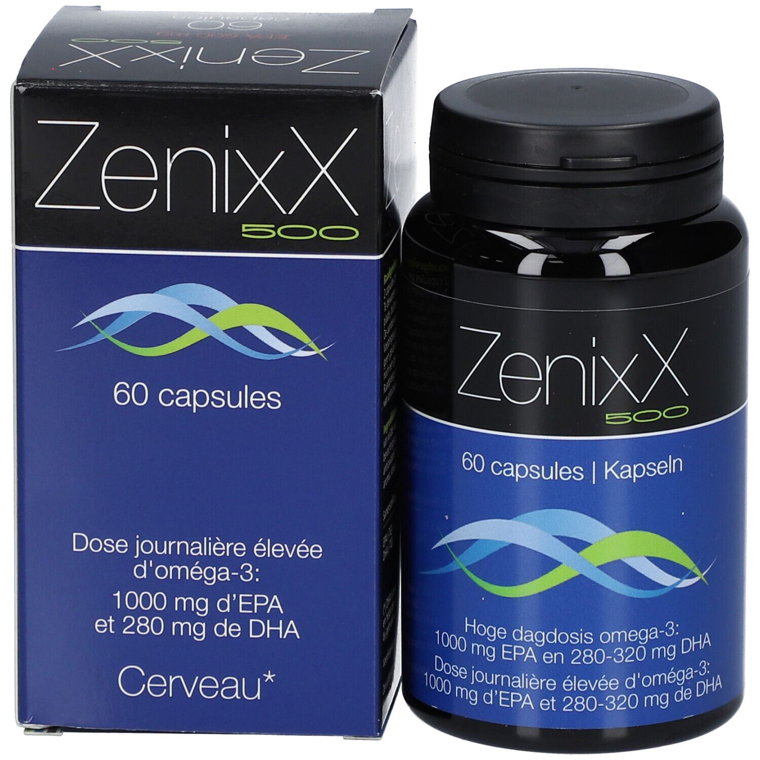 Flacone e scatola ZenixX 500. 60 capsule. Testo: Omega-3, EPA e DHA. Onde blu. Marchio: Cerveau.
