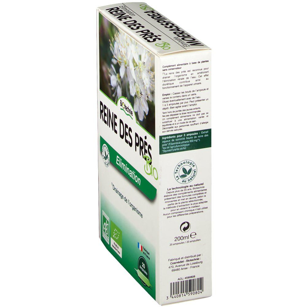 Vista laterale della confezione in cartone. Testo: "Reine des Prés Bio", "Elimination" e informazioni. Contiene 20 fiale. Con certificazioni.