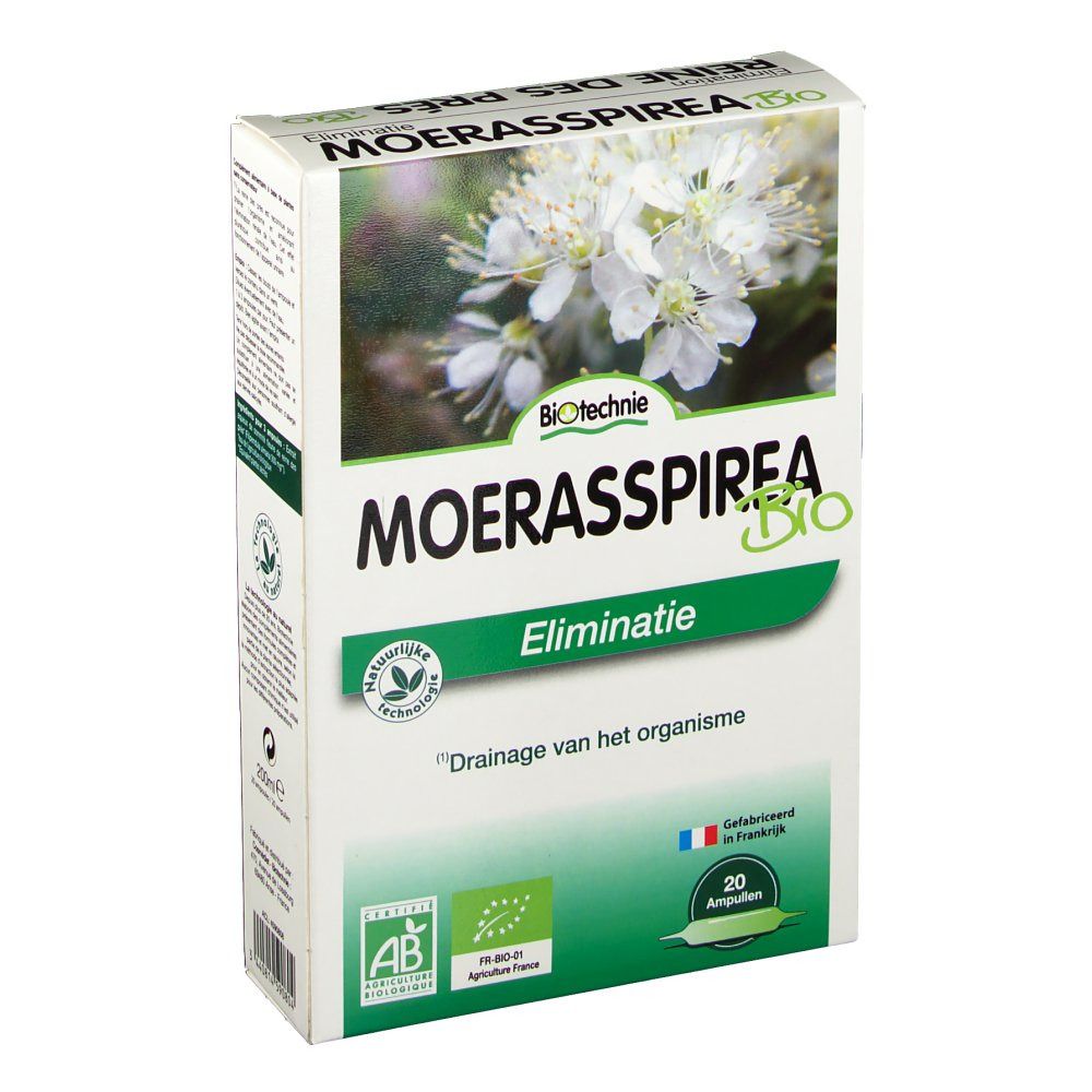 Confezione in cartone con motivo floreale e testo. Visibili "Moerasspirea Bio" e "Eliminatie". Contiene 20 fiale.