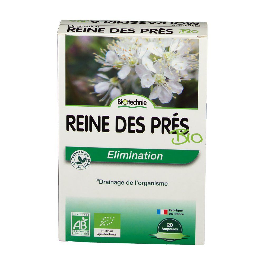 Confezione in cartone con motivo floreale e testo. Visibili "Reine des Prés Bio" e "Elimination". Contiene 20 fiale.