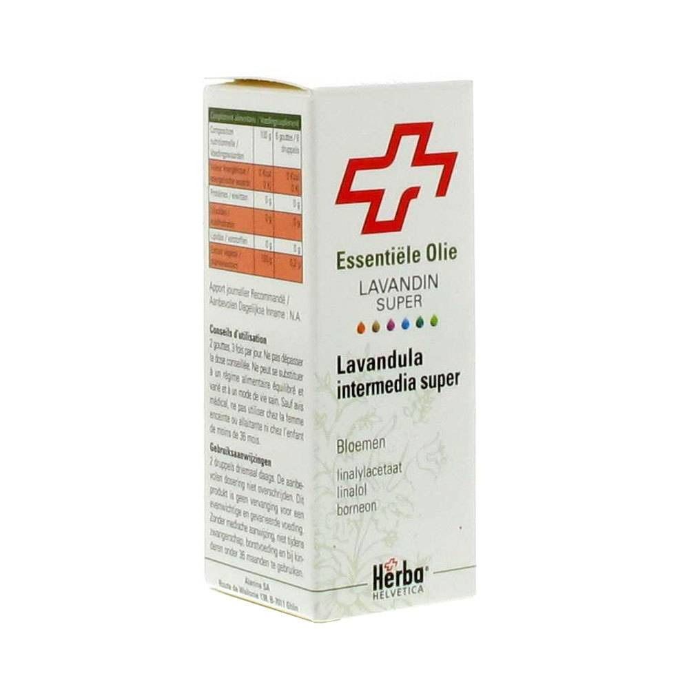 Scatola bianca con logo croce rossa. Testo: Essentiele Olie Lavandin Super, Lavandula intermedia super, Herba Helvetica.