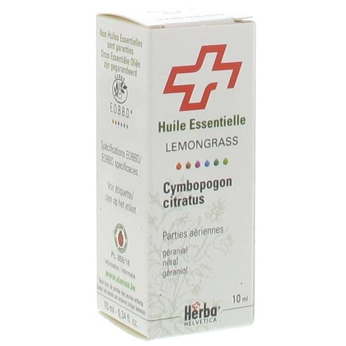 Scatola bianca con croce rossa e testo. "Huile Essentielle Lemongrass". Nome botanico: Cymbopogon citratus. Marchio: Herba Helvetica. 10 ml.