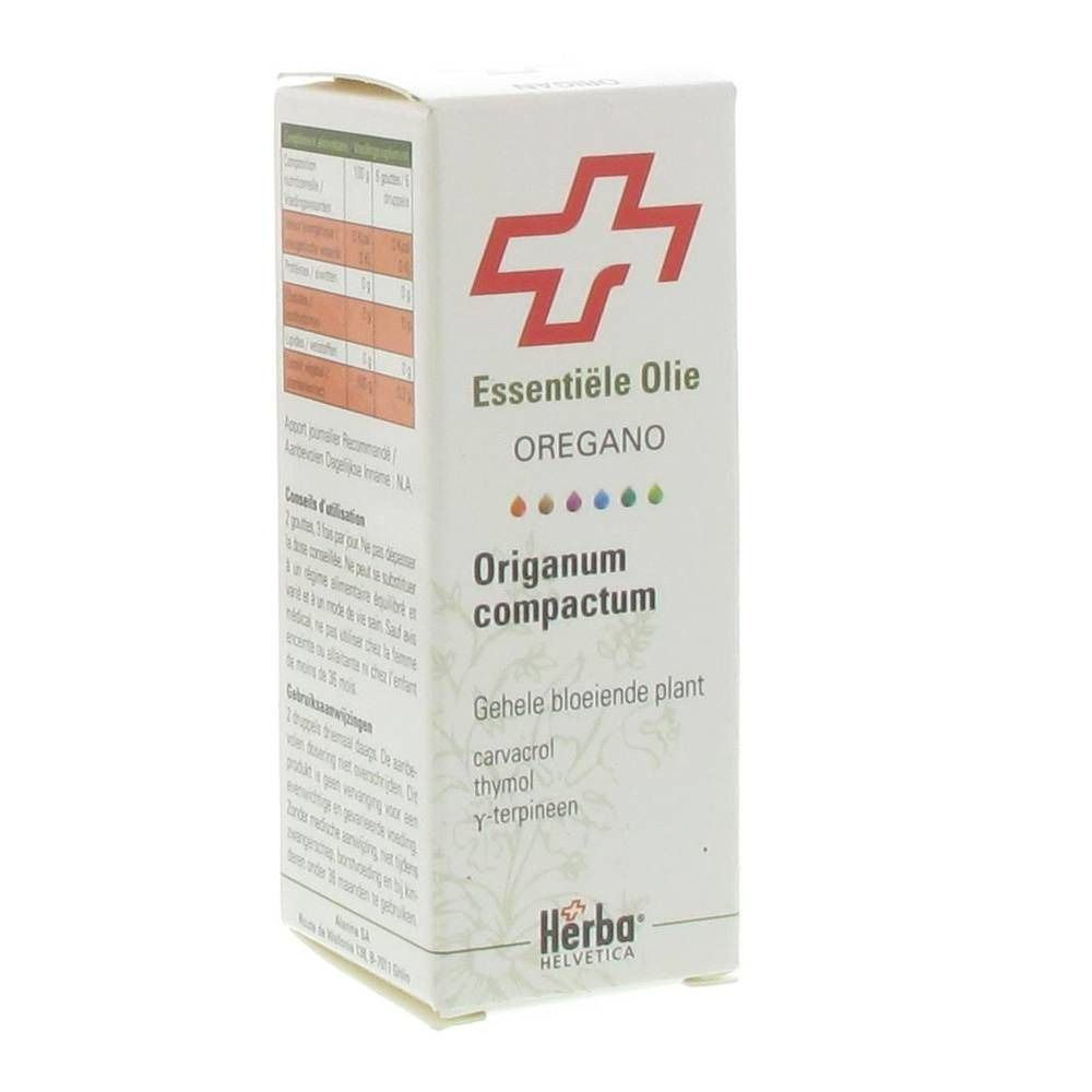 Confezione in cartone con logo croce rossa. Testo: Essentiele Olie Oregano Origanum compactum. Logo Herba Helvetica.