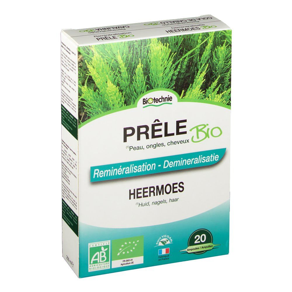 Scatola Prêle Bio di Biotechnie. Fronte con immagine vegetale, testo: Prêle Bio, Reminéralisation, HeerMoes, 20 fiale.