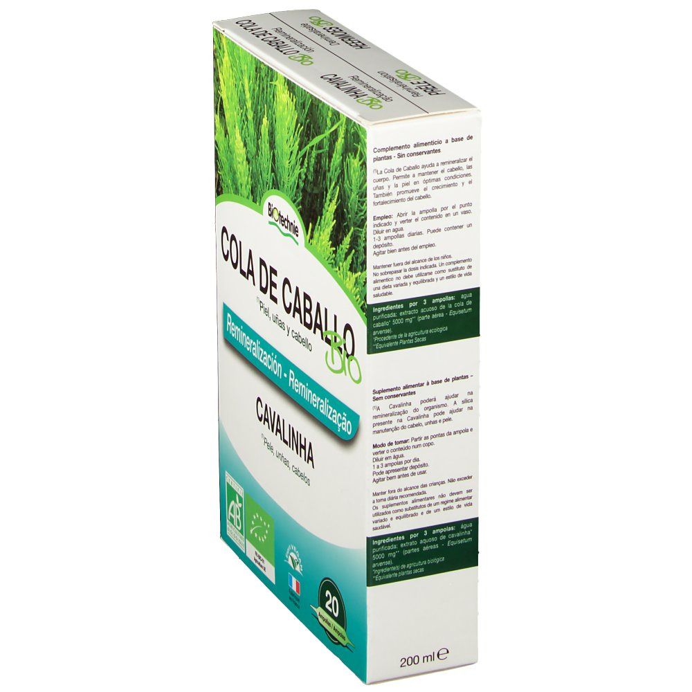 Scatola Cola de Caballo Bio, vista laterale. Testo: Cola de Caballo Bio, Remineralizzazione, Cavalinha, 20 fiale. Con testo e ingredienti.