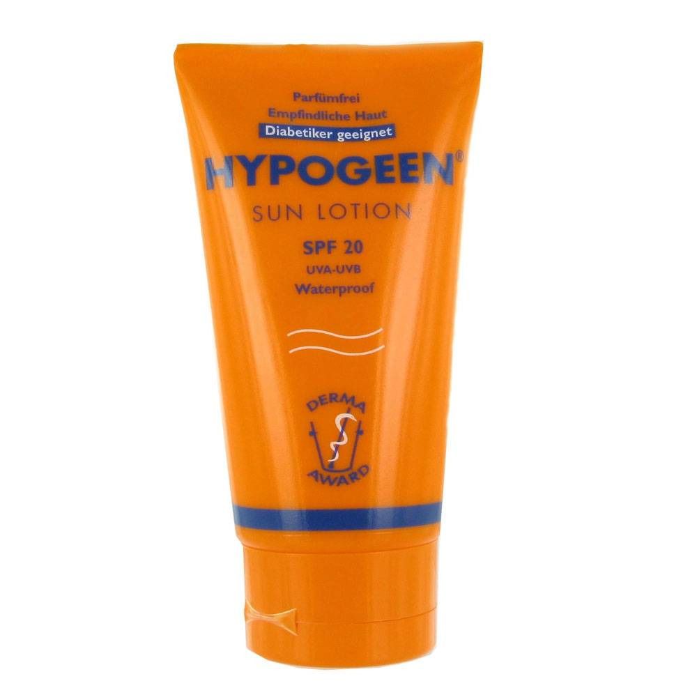 Tubo arancione con testo blu. Contiene Hypogeen Sun Lotion SPF 20. UVA-UVB, resistente all'acqua. Con Derma Award.
