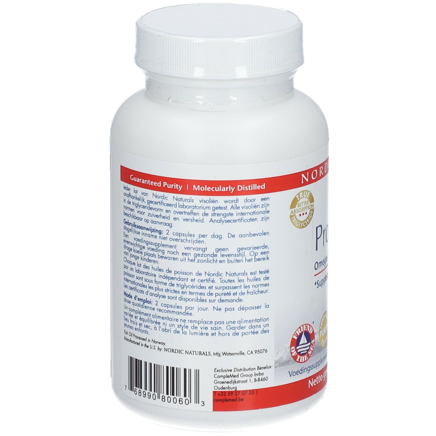 Retro del flacone bianco. Testo: Nordic Naturals, ProEPA. Distillato molecolarmente. Purezza garantita. Istruzioni per l'uso.