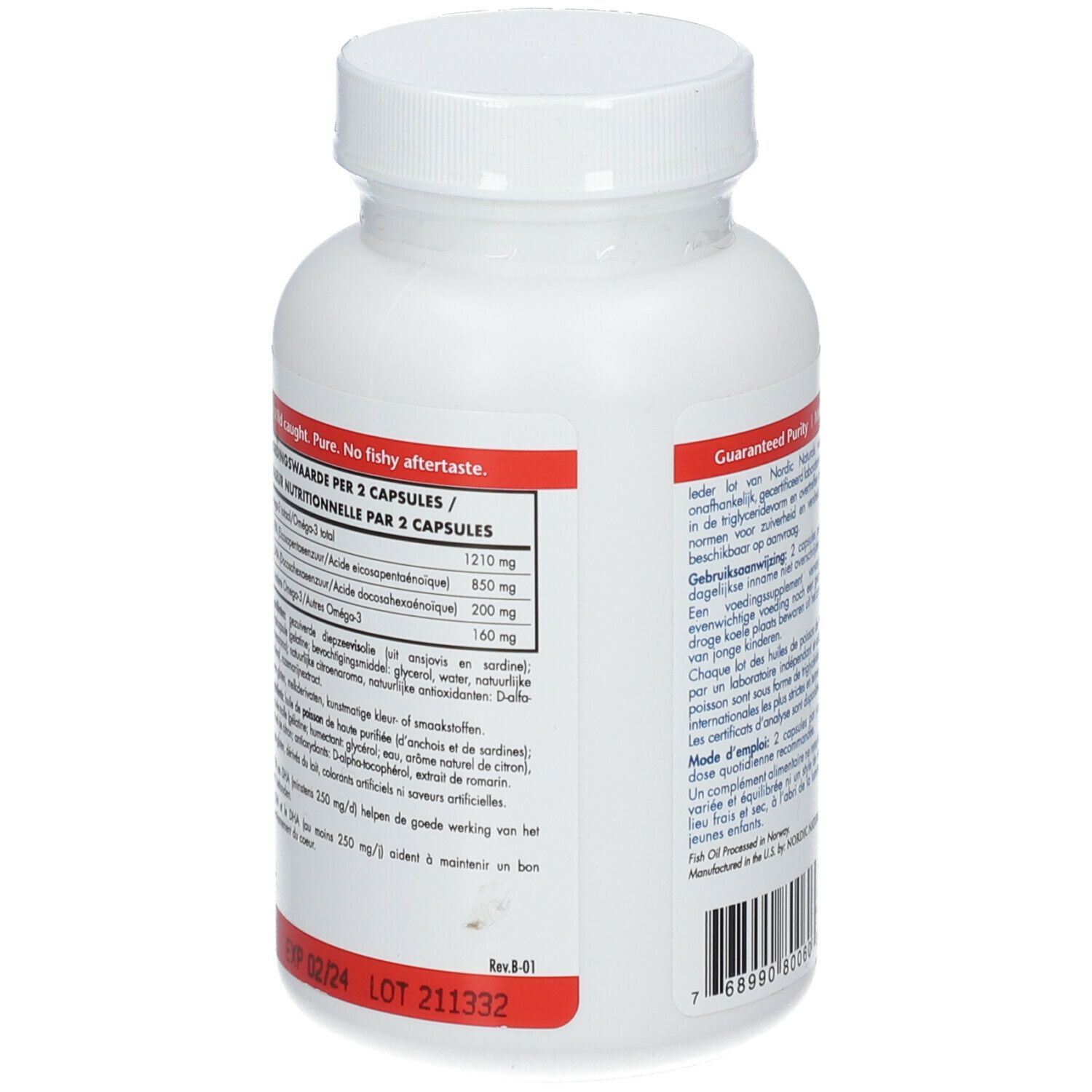 Retro del flacone bianco. Testo: Valori nutrizionali per 2 capsule. Ingredienti. Data di scadenza.