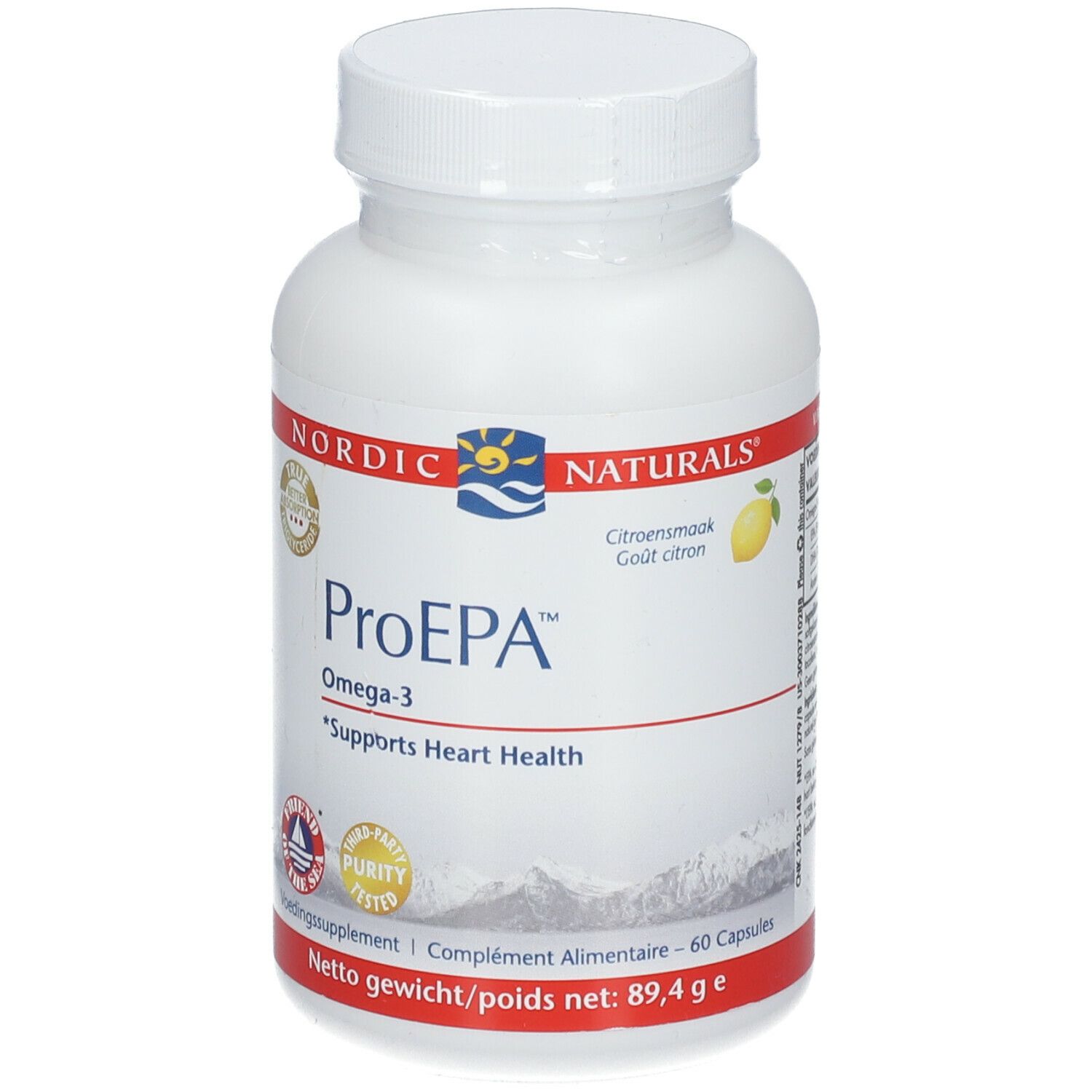 Flacone bianco con capsule. Scritta: Nordic Naturals ProEPA Omega-3. Supporta la salute del cuore. 60 capsule.