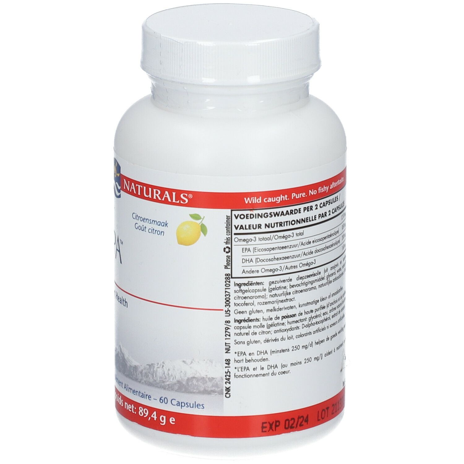 Flacone bianco con capsule. Scritta: ProEPA. Gusto limone. 60 capsule. Valori nutrizionali.
