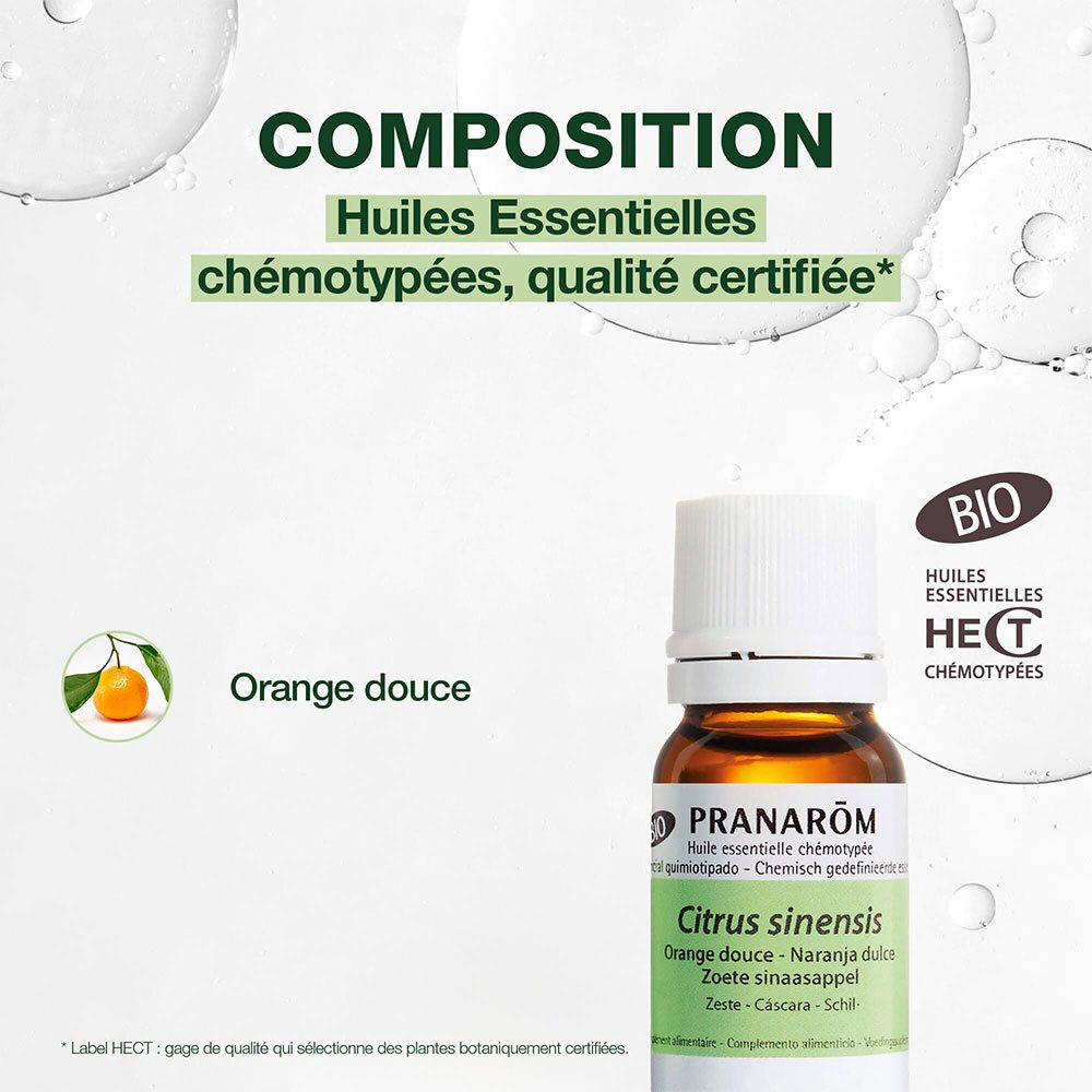 Flacone PRANAROM. Scritto: Orange douce, Citrus sinensis. Certificazione BIO. Composizione: oli essenziali chemiotipati.